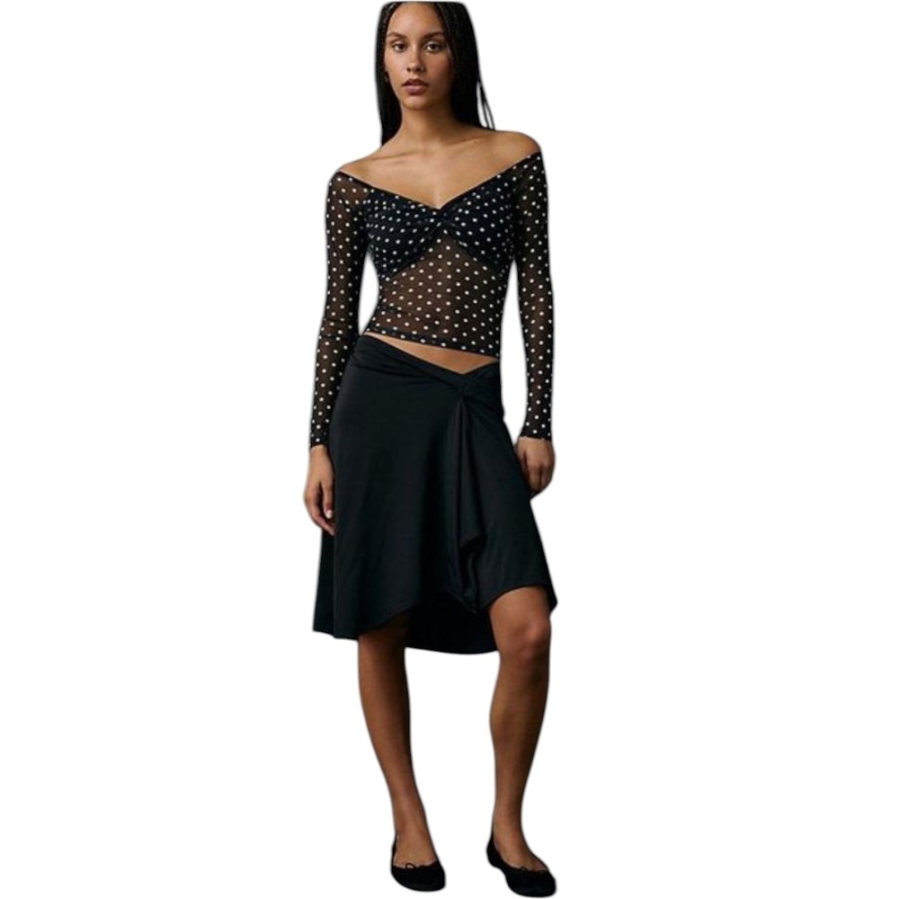Motel Rocks Esmeray Asymmetric Low-Rise Skirt Black Ruffle Knee Length Small NWT